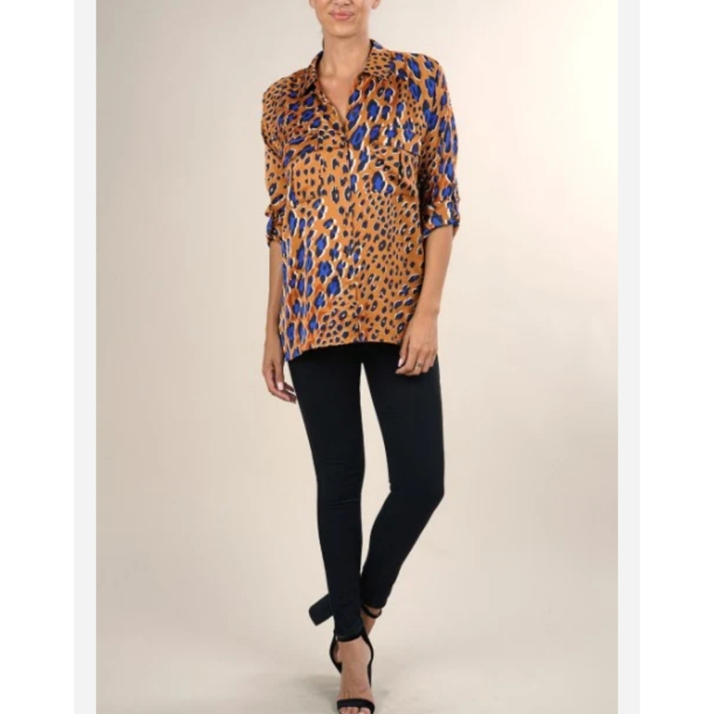 LOVESTITCH Silky Jewel Tone Animal Print Blouse Sz Sm